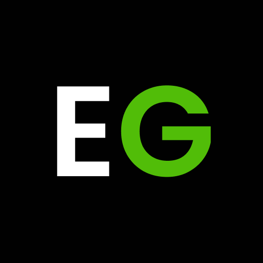 Logo EG : Symbole Vert et Blanc sur Fond Noir Logo minimaliste 'EG' sur fond noir : le 'E' est blanc et le 'G' est vert vif.