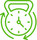 Icône verte représentant une kettlebell fusionnée avec une horloge circulaire, symbolisant l'entraînement par intervalles ou l'exercice chronométré en boucle.